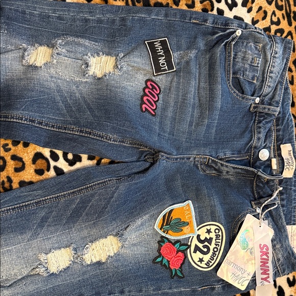 Distressed Blue Skinny Jeans with Embroidered Patch Accents - Picture 4 of 4